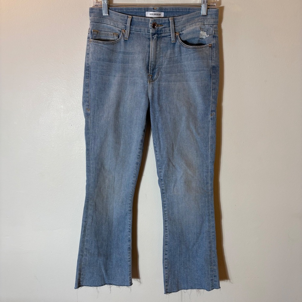 Good American Good Legs Crop Flare Jeans Light‎ Blue Raw Hem Size 4/27